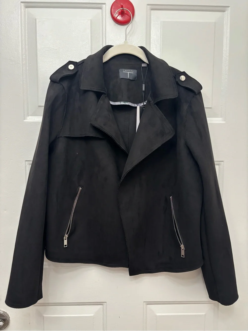 Tahari Black Suede-Look Faux Leather Moto Jacket with Zip Pockets - Picture 1 of 8
